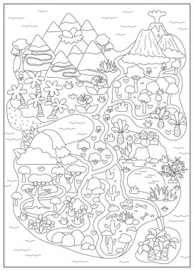 Siyah ve beyaz vektör boş antik kıta haritası. Dinozor manzara çizimi. Tarih öncesi manzara, boyama sayfası. Yolları olan ayrıntılı ada manzarası. Çocuk için dino arazi resmi