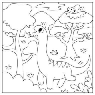 Yüksek ağaçtan yapraklar yiyen brachiosaur 'lu vektör kare siyah beyaz sahne. Dinozor çizgisi çizimi. Dağlı, ormanlı, tatlı tarih öncesi renklendirme sayfası.