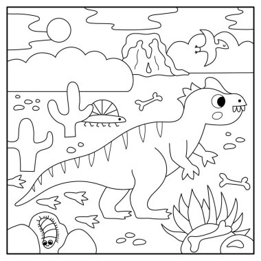 Allosaurus 'lu vektör kare siyah beyaz sahne. Dinozor manzara çizimi. Tatlı bir tarih öncesi boyama sayfası. İçinde çöl, kemik, volkan, kırkayak, taş var.