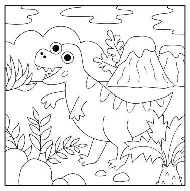 Tyrannosaurus Rex ile Vector Square sahnesi. Dinozor manzara çizimi. T-rex, volkan, eğrelti otu, palmiye ağacı, taş içeren sevimli bir tarih öncesi boyama sayfası. Ki için komik dino manzarası