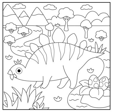 Stegosaur yaprakları yiyen siyah-beyaz vektör karesi sahnesi. Dinozor çizgisi çizimi. Dağları, ormanı, ağacı, nehri, yuvası, yumurtası olan sevimli tarih öncesi boyama sayfası.