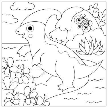 Parasaurolofus içeren siyah beyaz vektör karesi. Dinozor çizgisi çizimi. Şelalesi, nehri, çiçeği, ağacı olan sevimli tarih öncesi boyama sayfası. Çocuk için komik dino manzarası