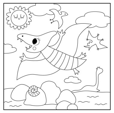 Pterodactyl 'li vektör kare siyah beyaz sahne. Dinozor çizgisi çizimi. Uçan Pterosaur, gökyüzü, güneş ile sevimli tarih öncesi renklendirme sayfası. Çocuk için komik dino manzarası