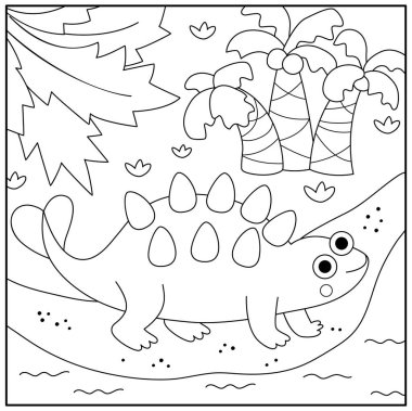 Ankylosaur ile vektör kare siyah beyaz sahne. Dinozor çizgisi çizimi. Ormanı, palmiyesi, nehri ve denizi olan sevimli tarih öncesi boyama sayfası. Çocuk için komik dino manzarası