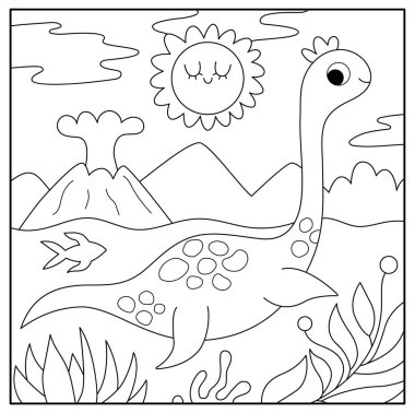Yüzen plesiyozorlu siyah beyaz bir vektör sahnesi. Dinozor hattı su manzarası çizimi. Deniz, yosun, volkan, dağ, su ile sevimli tarih öncesi renklendirme sayfası.