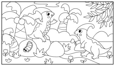 Parasaurolofus 'un kız arkadaşına çiçek getirdiği yatay siyah beyaz bir sahne. Dinozor çizgisi çizimi. Çiçekli sevimli tarih öncesi boyama sayfası, palmiye ağacı.