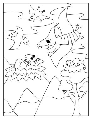 Yuvasında bebeğine uçan pterodactyl taşıyan dikey siyah beyaz bir sahne. Dinozor çizgisi çizimi. Pterosaur, gökyüzü, dağlar, ağaçlar, yumurta ile sevimli tarih öncesi renklendirme sayfası