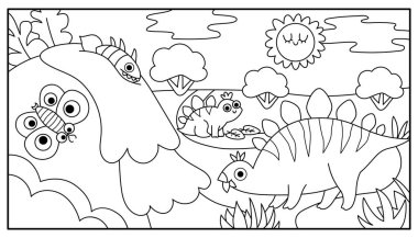Stegosaur ve bebeğinin yaprakları yediği yatay siyah beyaz bir sahne. Dinozor çizgisi çizimi. Su falı olan sevimli tarih öncesi anne ve bebek boyama sayfası.
