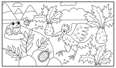 Antik kuş arkeopteriksi ile yatay siyah beyaz sahne. Dinozor dönemi manzara çizimi. Kurbağa, sinek, dağlar, palmiye ağaçları, insec ile sevimli tarih öncesi renklendirme sayfası