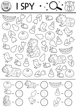 Capybara siyah beyaz çocuklar için casusluk oyunu. Şirin hayvanlarla arama ve sayma çizgisi aktivitesi. Capibara yazdırılabilir çalışma kağıdı, boyama sayfası. Karpuz, kuş, mandalina ile benekli bulmaca