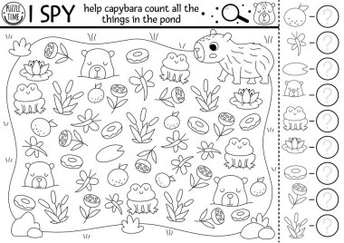 Capybara siyah beyaz çocuklar için casusluk oyunu. Gölde ya da gölde sevimli hayvanlarla arama ve sayma hareketi. Anaokulu çocukları için Capibara basılabilir çalışma tablosu. Fro ile bulmaca belirleniyor