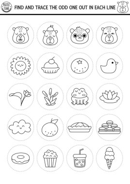Garip olanı bul. Capybara çocuklar için siyah ve beyaz mantıksal aktivite. Capibara eğitim hattı sınav kağıtları. Yazdırılabilir oyun, boyama sayfası şirin hayvanlar, çiçekler, meyveler, böcekler, mandalina