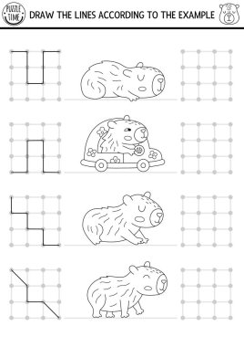 Capybara çizimi, yazma, iz sürme, şirin hayvanları olan çocuklar için uzay yönlendirme aktivitesi. Kare kutuya çizgiler çiz. Siyah ve beyaz yazdırılabilir oyun, bulmaca, capibara ile renklendirme sayfası