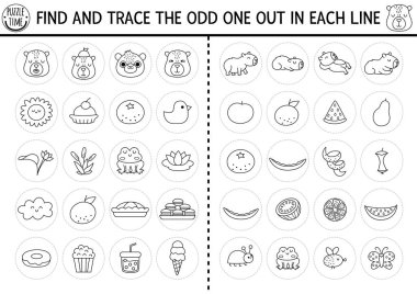 Garip olanı bul. Capybara çocuklar için siyah ve beyaz mantıksal aktivite. Capibara eğitim hattı sınav kağıtları. Yazdırılabilir oyun, boyama sayfası şirin hayvanlar, çiçekler, meyveler, yiyecek, mandalina