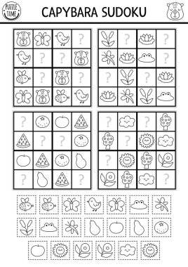 Resimli çocuklar için siyah beyaz sudoku bulmacası. Kesik ve yapıştırıcı elementleriyle Capibara hat testi. Eğitim aktivitesi, kelebekli boyama sayfası, kuş, meyve. Eksik nesneyi çiz