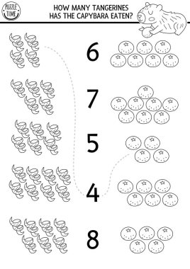 Capybara oyununu mandalina ve portakallarla karşılaştır. Capibara siyah-beyaz matematik aktivitesi, anaokulu öğrencileri için boyama sayfası. Anima ile Eğitim Sayım Çizelgesi