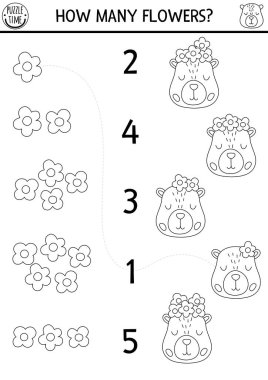 Siyah-beyaz oyunu Capybara ve çiçek çelengi ile eşleştir. Anaokulu öğrencileri için Capibara hattı matematik aktivitesi. Eğitim sayım çizelgesi, hayvanlı boyama sayfası, baş dekorasyonu.