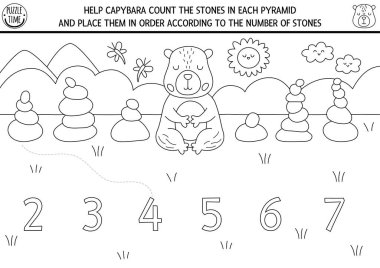 Siyah beyaz Capybara oyununu taş piramitlerle karşılaştır. Anaokulu öğrencileri için Capibara hattı matematik aktivitesi. Eğitimsel sayım çizelgesi, boyama sayfası, şirin hayvanlarla dolu, rock gardı.