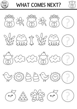 Sırada ne var? Capybara, anaokulu çocukları için hayvanlı, kurbağalı, mandalinalı siyah ve beyaz mantıksal aktivite. Capibara hattı mantık ardılı çalışma tablosu, boyama sayfası. Satır parıltısına devam et