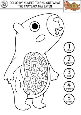 Capybara ve midesinde yiyecek olan sayılar yüzünden vektör çizgisi rengi. Capibara siyah beyaz sayma ya da boyama oyunu. Tatlı hayvan ve buz kremalı çocuklar için basit boyama sayfası