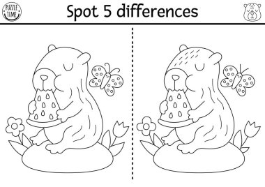 Çocuklar için farklılık oyunu bul. Kapibaralar, karpuz yiyen hayvanlarla ilgili siyah-beyaz eğitim aktiviteleri. Capibara 'lı çocuklar için bulmaca. Yazdırılabilir çalışma tablosu veya renklendirici pag