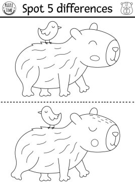 Çocuklar için farklılık oyunu bul. Siyah beyaz Capybara eğitim aktivitesi. Sırtında kuşla sevimli bir hayvan. Capibara 'lı çocuklar için çizgi bulmacası. Yazdırılabilir çalışma tablosu veya renklendirici pag