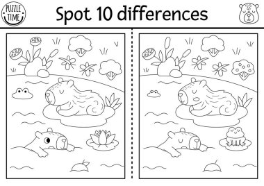 Çocuklar için farklılık oyunu bul. Kapibaralı siyah beyaz aktiviteler, göletteki nilüfer yaprağında yüzen sevimli bir hayvan. Capibara 'lı çocuklar için bulmaca. Yazdırılabilir çalışma tablosu veya renklendirici pag