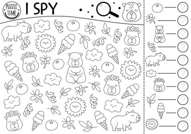 Capybara çocuklar için casusluk oyunu. Tatilde sevimli, rahatlatıcı hayvanlarla araştırma ve sayma faaliyetleri. Capibara siyah beyaz yazlık basılabilir çalışma kâğıdı, boyama sayfası. Basit bir bulmaca!