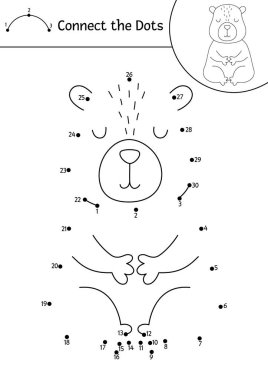Vektör hattı capybara noktadan noktaya ve şirin meditasyon hayvanlarıyla renk aktivitesi. Basit siyah ve beyaz noktalar oyununu bağlar, Capibar 'ı rahatlatan çocuklar için renk sayfası
