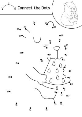 Vektör hattı capybara noktadan noktaya ve sevimli hayvan yiyen karpuzla renk aktivitesi. Basit siyah ve beyaz noktalar oyununu bağlar, Capibar 'ı rahatlatan çocuklar için renk sayfası