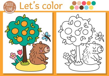 Tatlı hayvan ve mandalina ağacı olan çocuklar için Capybara boyama sayfası. Vektör kapibara tasviri. Renkli örnekleri olan çocuklar için boyama kitabı. Çizim becerileri yazdırılabilir çalışma grubu