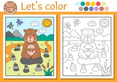 Sahnesi olan çocuklar için Capybara boyama sayfası, taş bahçede meditasyon yapan hayvanlar için. Vektör kapibara tasviri. Renkli örnekleri olan çocuklar için boyama kitabı. Yazdırılabilir çalışma şekli çiziliyor