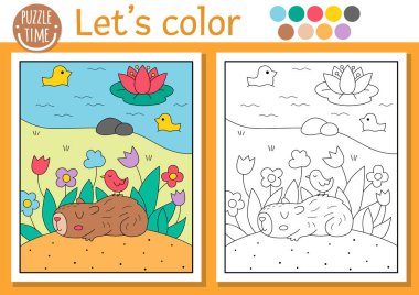 Tatlı manzaralı çocuklar için Capybara boyama sayfası, çiçekler arasında uyuyan hayvanlar. Vektör kapibara tasviri. Renkli örnekleri olan çocuklar için boyama kitabı. Yazdırılabilir çalışma şekli çiziliyor