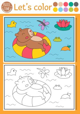 Sahnesi olan çocuklar için Capybara boyama sayfası, gölette yüzen hayvanlar. Vektör kapibara tasviri. Zenci örneği olan çocuklar için kitap. Yazdırılabilir çalışma şekli çiziliyor