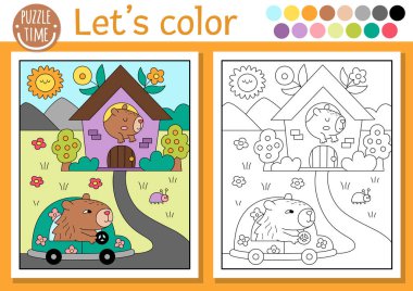 Sahnesi olan çocuklar için Capybara boyama sayfası, eve araba süren bir hayvan. Vektör kapibara tasviri. Zenci örneği olan çocuklar için kitap. Yazdırılabilir çalışma şekli çiziliyor