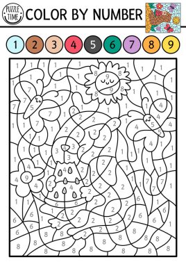 Vector capybara rengi, hayvan yiyen karpuz ile numaralandırılmış aktivite. Doğa manzarası. Siyah beyaz sayma oyunu. Kelebekleri ve suyu olan şirin Capibara 'lı çocuklar için boyama sayfası