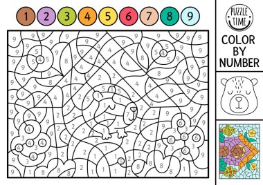 Kapibaranın rengini numaradan göstererek evin penceresinden dışarı bakan bir hayvan. Doğa manzarası. Siyah beyaz sayma oyunu. Sevimli kapiş çubuğu olan çocuklar için boyama sayfası