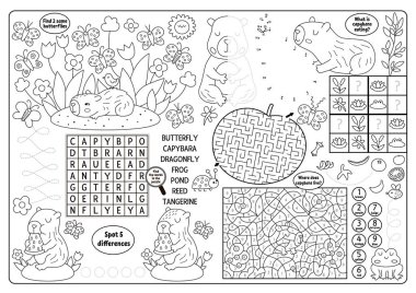 Siyah ve beyaz kapibaralı taşıyıcı. Capibara hattı basılabilir aktivite paspası labirenti, kelime bulmacası, gölge eşleşmesi, fark bul. Tatlı oyun hasırı, menü, çocuk dergisi, boyama bezi.