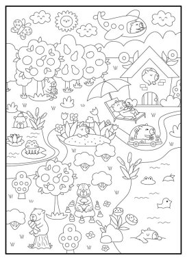 Vector siyah ve beyaz Capybara manzara çizimi. Capibara, gölet, araba, ev, uçak ile şirin bir çizgi boyama sayfası. Yüzen, rahatlatan, meditasyon yapan sevimli hayvanların olduğu komik ve detaylı bir sahne.