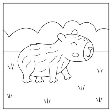 Vector siyah ve beyaz Capybara manzara çizimi. Vahşi doğada Capibara 'nın hoş kare manzarası. Komik satır sahnesi, hayvanlı boyama sayfası ve basit doğa arka plan.