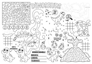 Çocuklar için vektör dinozor paspası. Tarih öncesi basılabilir mat labirentle, tik taktik parmak çizelgeleriyle noktaları birleştirip, farkı bulmak. Eski hayvanlar siyah beyaz oyun hasırı ya da boyama bezi