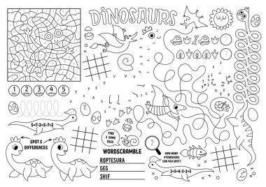 Çocuklar için vektör dinozor paspası. Tarih öncesi basılabilir mat labirentle, tik taktik parmak çizelgeleriyle noktaları birleştirip, farkı bulmak. Eski hayvanlar siyah beyaz oyun hasırı ya da boyama bezi