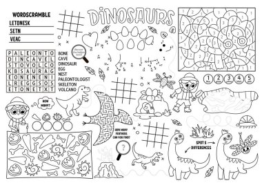 Çocuklar için vektör dinozor paspası. Tarih öncesi basılabilir mat labirentle, tik taktik parmak çizelgeleriyle noktaları birleştirip, farkı bulmak. Eski hayvanlar siyah beyaz oyun hasırı ya da boyama bezi