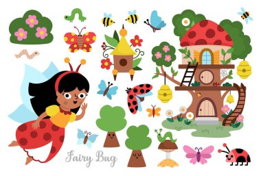 Vektör peri böceği klipsi ayarlandı. Kanatlı küçük kızın şirin ikonları. Orman prensesi koleksiyonu. Fantezi, peri masalı orman çizimleri. Kelebekli sihirli yaratık sürüsü, uğur böceği ağaç evi, arı, insec