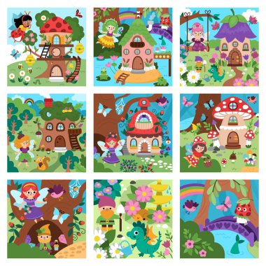 Vektör Meydanı Peri Diyarı kuruldu. Tatlı peri arazisi koleksiyonu. Sihirli prenseslerin, ağaçların, ağaç evlerin, hayvanların olduğu orman manzarası. Fantezi orman sahnesi illüstrasyonu. Peri masalı resmi