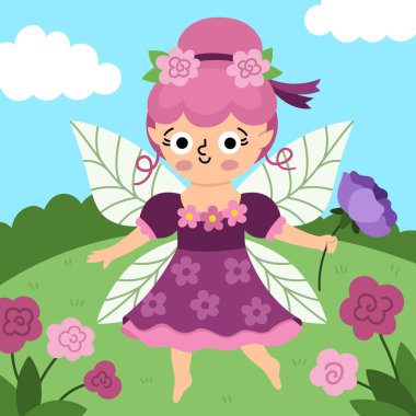 Çiçek perisi ile vektör kare arka plan. Peri Diyarı çizimi. Kanatları, çayırı ve gökyüzü olan sihirli prensesi olan sevimli bir manzara. Fantezi doğa sahnesi illüstrasyonu. Ki için peri masalı resmi