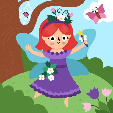 Meyve perili vektör kare arka plan. Peri Diyarı çizimi. Kanatları, çayırı ve gökyüzü olan sihirli prensesi olan sevimli bir manzara. Fantezi doğa sahnesi illüstrasyonu. Ki için peri masalı resmi