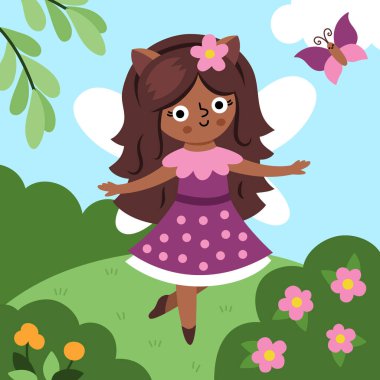 Geyik perisi ile vektör karesi geçmişi. Peri Diyarı çizimi. Kanatları, çayırı ve gökyüzü olan sihirli prensesi olan sevimli bir manzara. Fantezi doğa sahnesi illüstrasyonu. Ki için peri masalı resmi