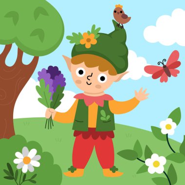 Elf ile vektör kare arkaplan. Peri Diyarı çizimi. Sihirli küçük çocuğun olduğu şirin bir manzara. Kuş, çayır, gökyüzü, ağaç. Fantezi doğa sahnesi illüstrasyonu. Ki için peri masalı resmi