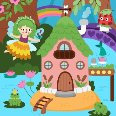 Vector Square Peri Diyarı 'nda bataklık perisi, deniz kızı evi, sazlıklar. Sihirli arazi manzarası. Şirin prensesle birlikte orman manzarası. Fantezi orman sahnesi illüstrasyonu. Peri masalı resmi